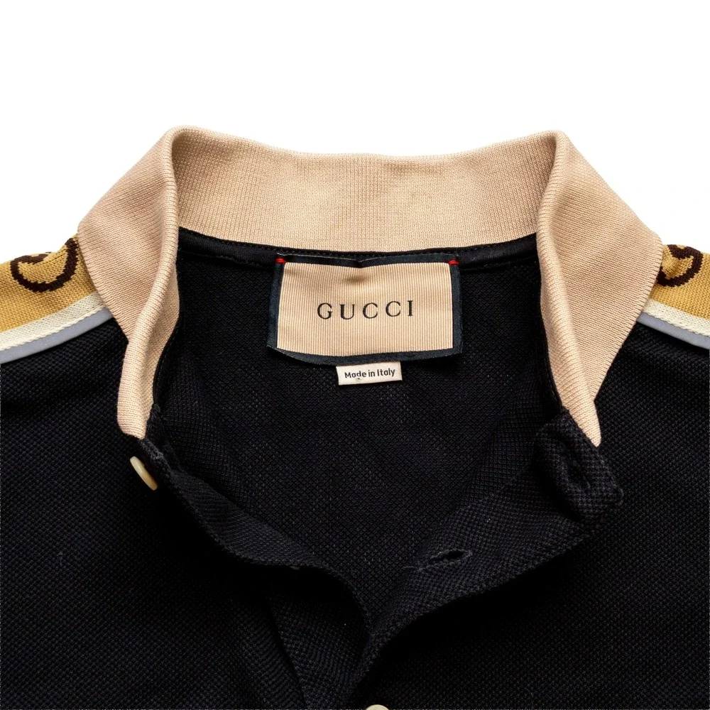 Gucci Men's Interlocking GG Logo Tape Black Piqué Polo Shirt Size S Italy
